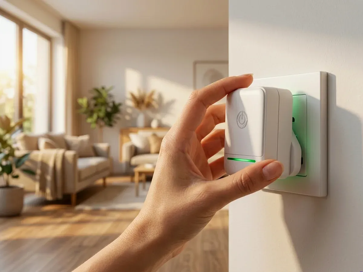 ZeroWattic Power Saver plugged into a residential kitchen wall outlet